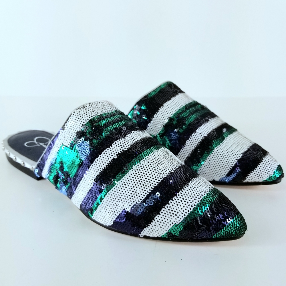 Sz 6 Jessica Simpson Marine Sequin Stripe Pointed Mule Flats NWT